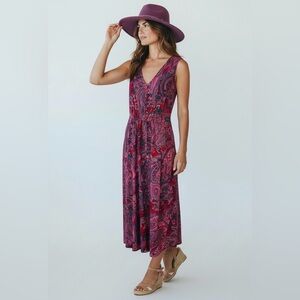 Laura Paisley Maxi Dress V Neck Sleeveless Casual Pink Red Size 8